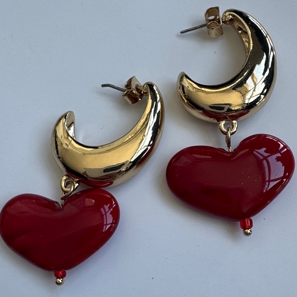 Zara Gold and Red Heart Moon Earrings - Picture 2 of 5
